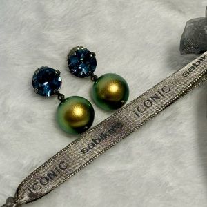 SABIKA ICONIC Blue Crystal & Green/Gold Iridescent Pearl Drop Earrings